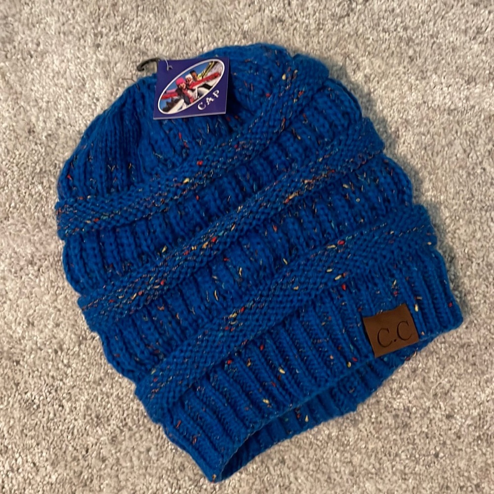 NEW WITH TAGS | C.C. Fur Lined Ponytail Blue Confetti Beanie